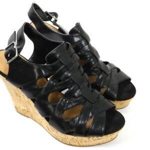 Nine West Black and Tan Wedge Sandals with Cork Heel